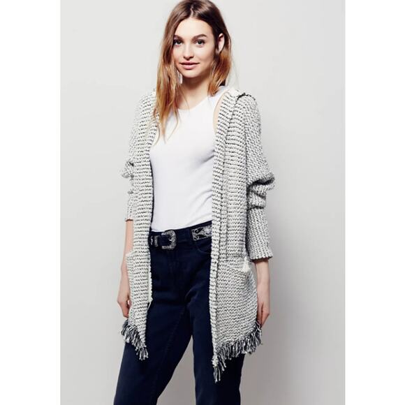 Free People SZ XS Love Me Tender Cardi Blue/Gray Hooded Fringe Cotton OB4997098 - Picture 1 of 7